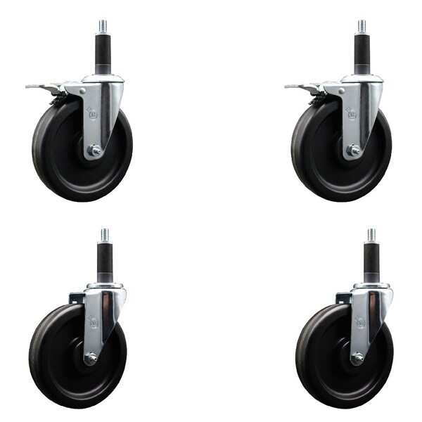 6'' Phenolic Swivel 1'' Expand Stem Caster Set 2 Total Lock Brakes, 4PK